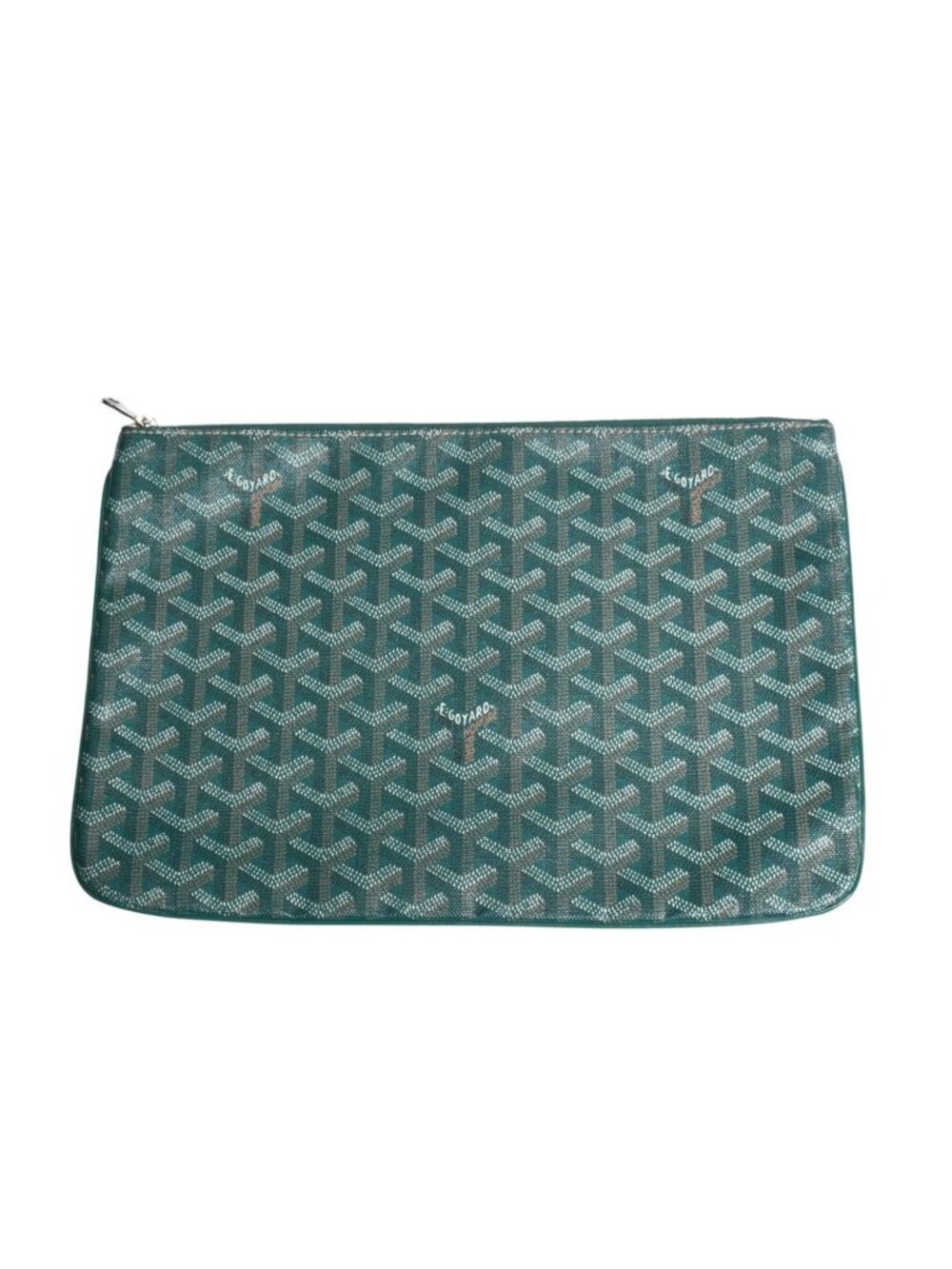 Goyard Sena MM Clutch Handbag Top Zipper Green Leather Silver